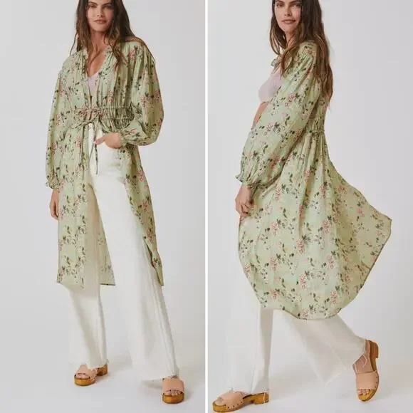 NWT ANTHROPOLOGIE Current Air Green Duster Floral Boho Style Spring Summer - Picture 1 of 8